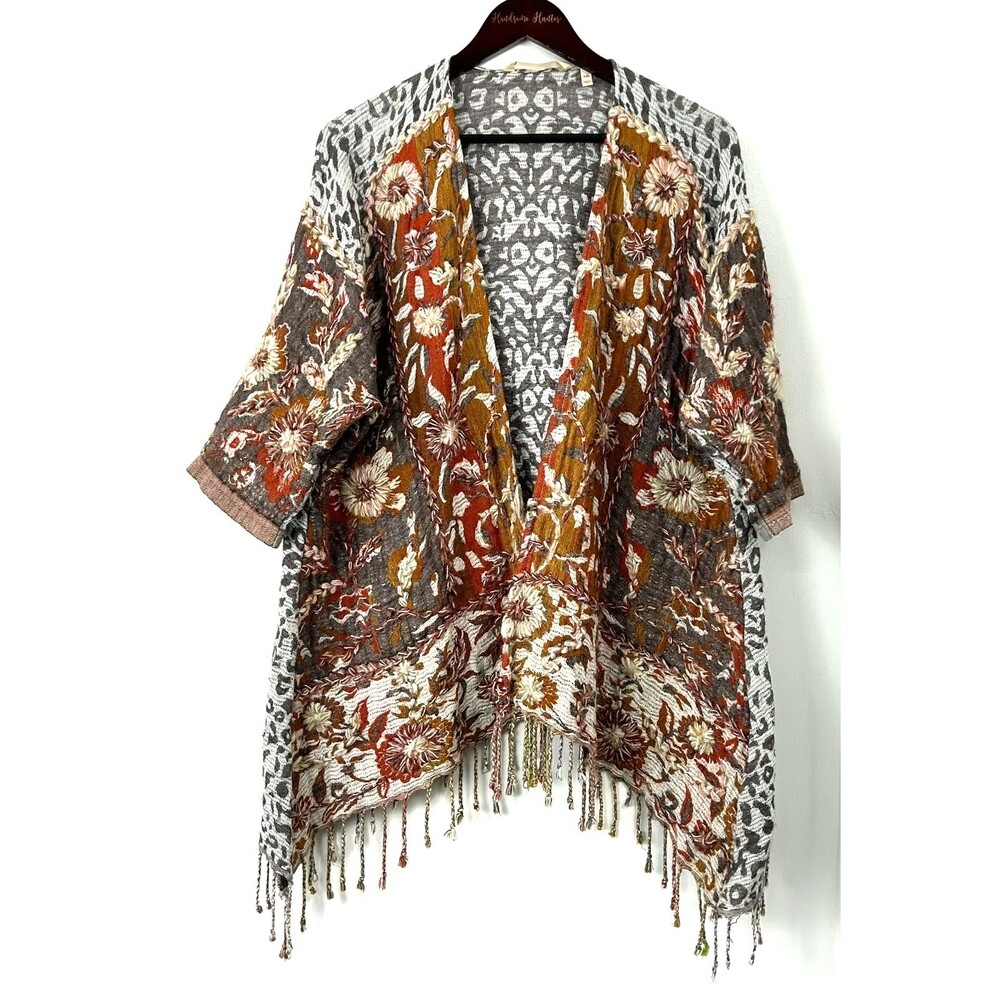 Soft Surroundings Womens S/M Pasha Pumpkin Wool Leopard Cardigan Fringe Boho - Picture 4 of 13
